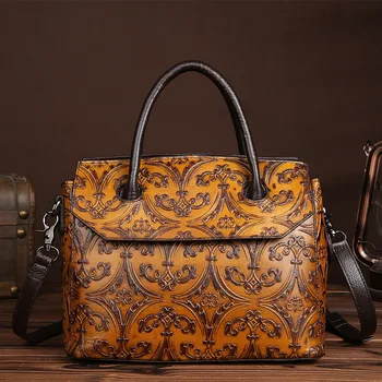 

Baoersen vintage Women Genuine Leather Handbags Ladies Retro Elegant Shoulder Messenger Bag Embossed Floral Bolsas Hot Sale