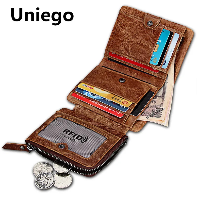 Uniego RFID Блокировка из натуральной кожи Crazy Horse Короткий Мужской кошелек на молнии