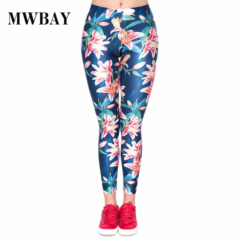 MWBAY Brand Sportswear Women Leggings Lily Flowers Print Leging Mujer