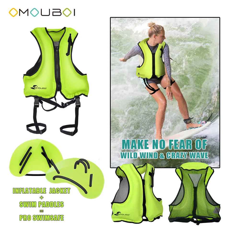 

OMOUBOI Pro Swimsafe Green Tying Straps Added Inflatable Safety Rash Guard Rescue Life Jacket With Training Hand Plate Flippers