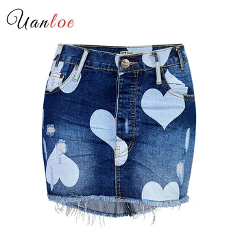 

2019 Love Denim Jazz Skirt Heart Print Mini Skirts Tassel Short Blue Ladies Bottoms Streetwear Women Skirt Irregular Stitching