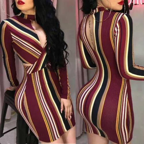 Сексуальная женская одежда платье многоцветный полосатый Bodycon с длинным рукавом