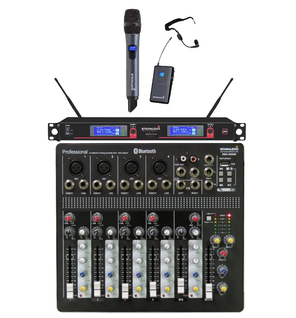 

STARAUDIO Pro DJ Stage Club 6 Channel Mixer USB Bluetooth Mixing Console and 2CH UHF Wireless Microphone System SMX-6000B