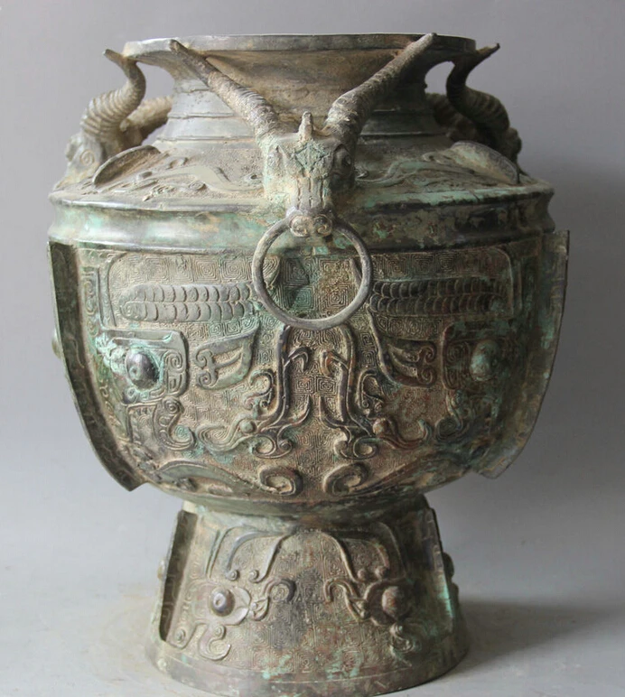 

Elegant old S5684 15" Archaic Chinese Dynasty Bronze Sheep Wine Ware Vessel Vase Pot Jar Crock statue