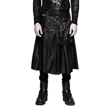

Punk Rock Leather Men's Skirt Pants Gothic Single-piece heavy Metal Male Pu Long Skirts Black Pants Trousers With Pockets Q-325