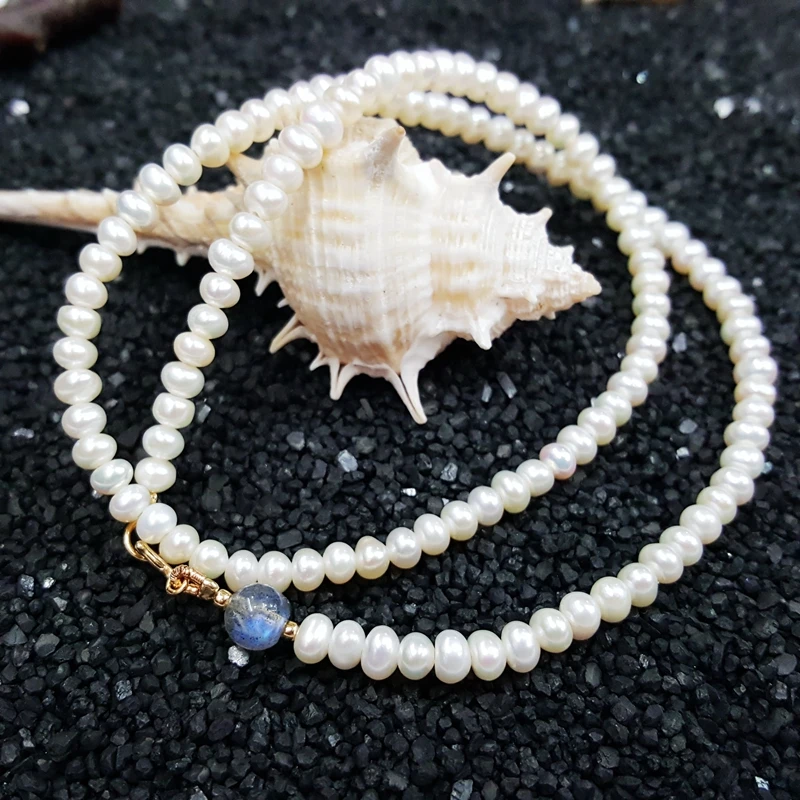

Lii Ji Freshwater Pearl Approx 4-5mm,Labradorite 6mm beads 925 Sterling Silver Clasp Choker Necklace 40cm/45cm