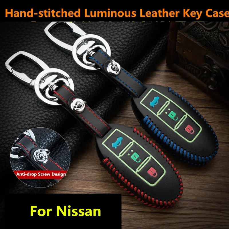 Luminous Leather Key Covers Cases For Nissan Qashqai Pathfinder Versa Tidda Murano Rogue X-Trail Smart Key Jacket with Keychains