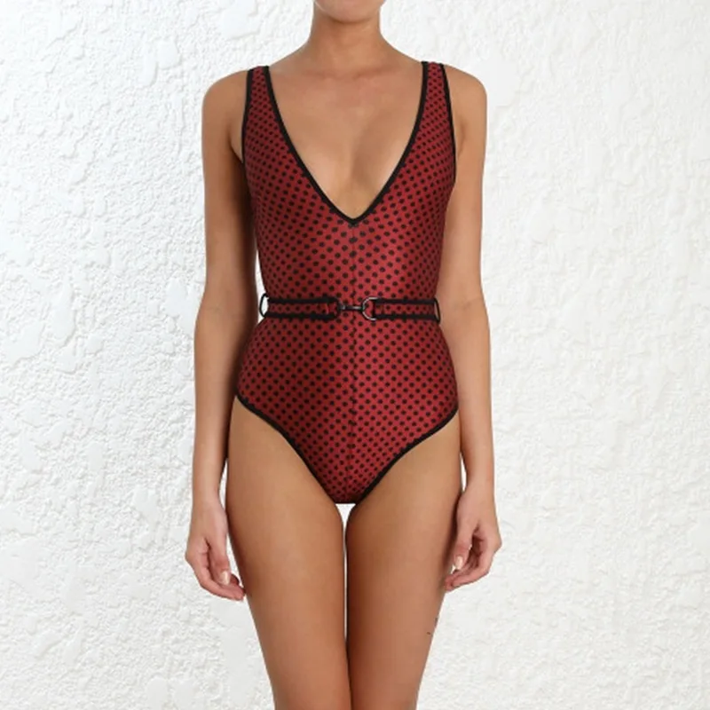 

One Piece Swimsuits For Women Closed Swimwear Bath Clothes Lady's Swimsuit Suit Sexy Shading Belt Dot Spandex Sierra Surfer