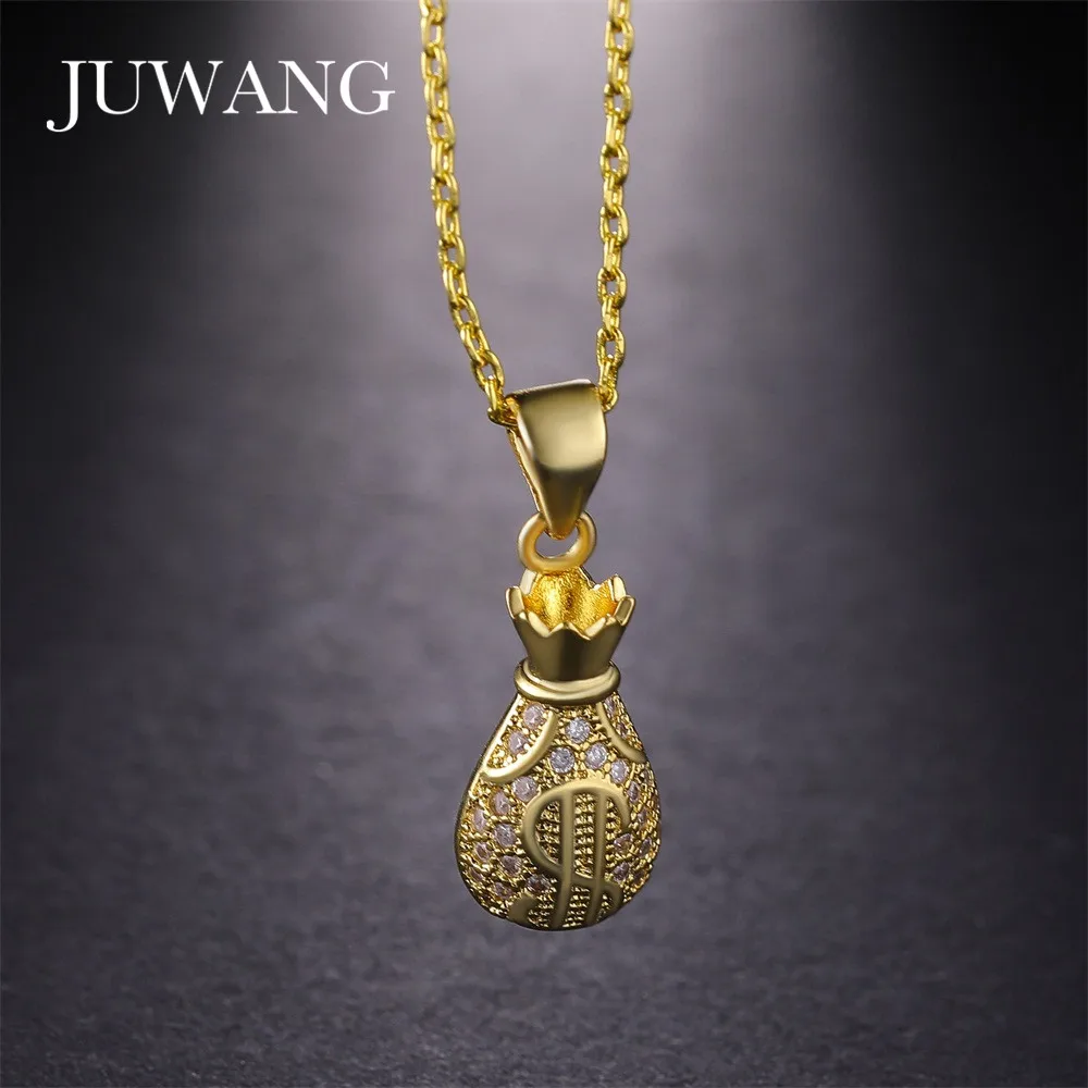 Dollar Sign Money Bag Necklace - Gold Stainless Steel Lucky Wealth Pendant For Women & Men