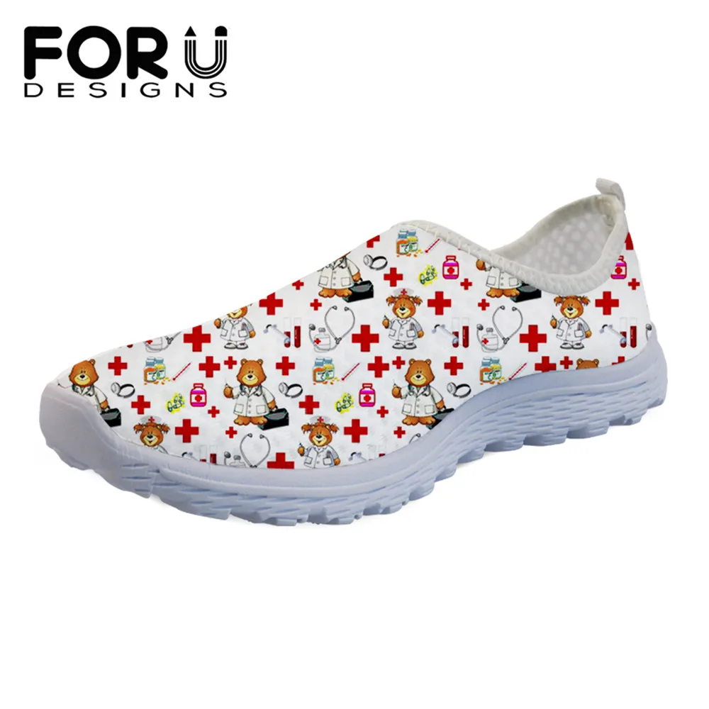 

FORUDESIGNS Female Soft Flats Shoes 3D Cartoon Nurse Bear Prints Mesh Sneakers Summer Beach Loafers Casual Slip-on Zapatos Mujer
