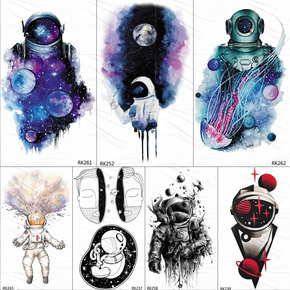 

OMMGO Galaxy Universe Astronaut Waterpoof Temporary Tattoos Sticker Watercolor Planet Spacemen Tatoo Body Art Flash Tattoo Paper