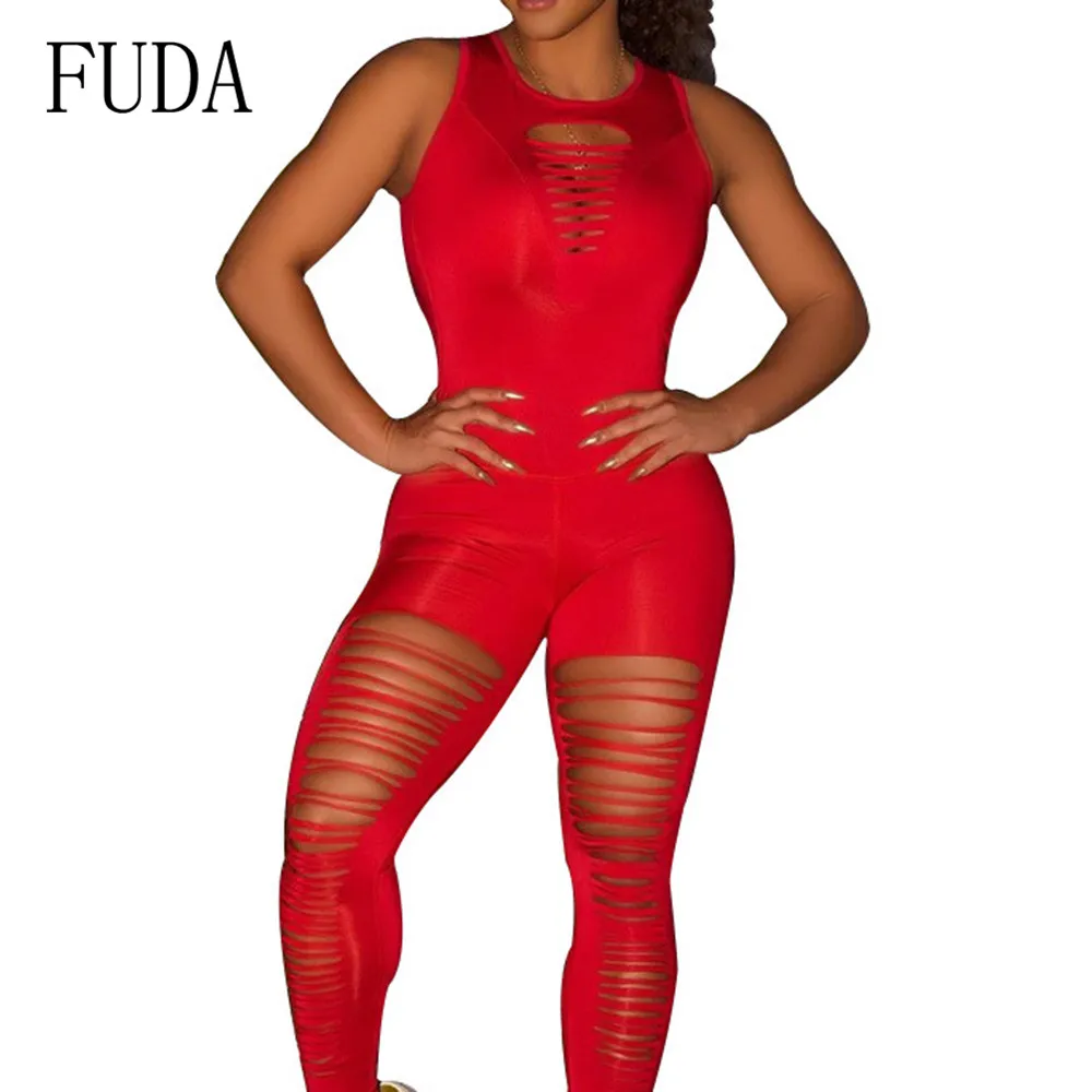 

FUDA Red Burnt Flower Openwork Backless Sleeveless Summer Jumpsuits Women Bodycon Bandage Hole Playsuits Combinaison Short Femme