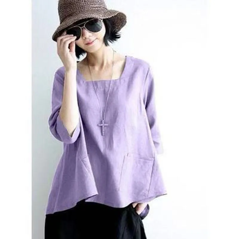 Light purple Этнические льняные топы, рубашки женские милые топы винтажные свободные бельевые женские блузки женские Ретро Три четверти красные блузки S6983 - Цвет: Light purple