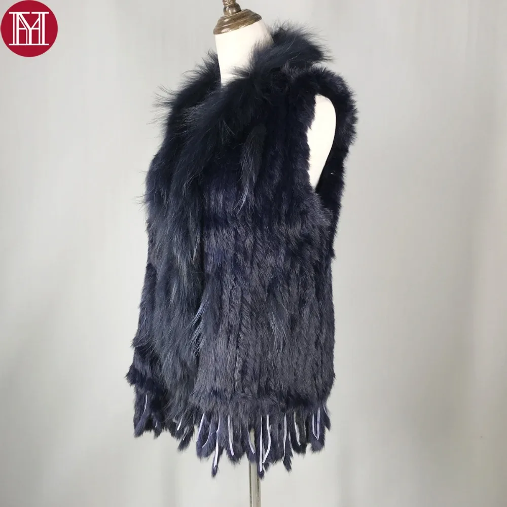 

2019 Spring Autumn Women Real Rabbit Fur Vests 100% Real Rabbit Fur Knitted Gilet with tassels Real Raccoon Fur Collar coat