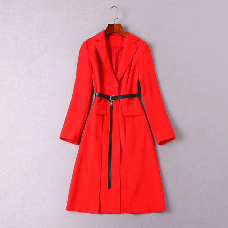 

High Quality Office Coat 2019 Spring Autumn Long Blazer Outerwear Women Single Breasted A-Line Belted Coat Female Trench Dress