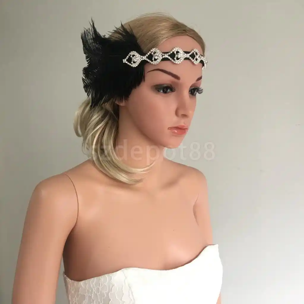 Свадебные черные перья 1920s головной убор Flapper Charleston Rhinestone цепочка эластичная