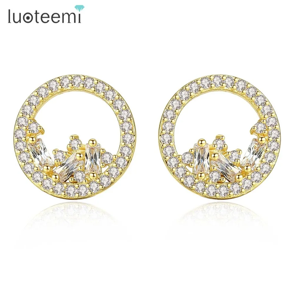 

LUOTEEMI Cute Small Round Women Stud Earrings for Wedding Party White Gold or Gold Color Paved CZ Fashion Jewelry Brincos Gift