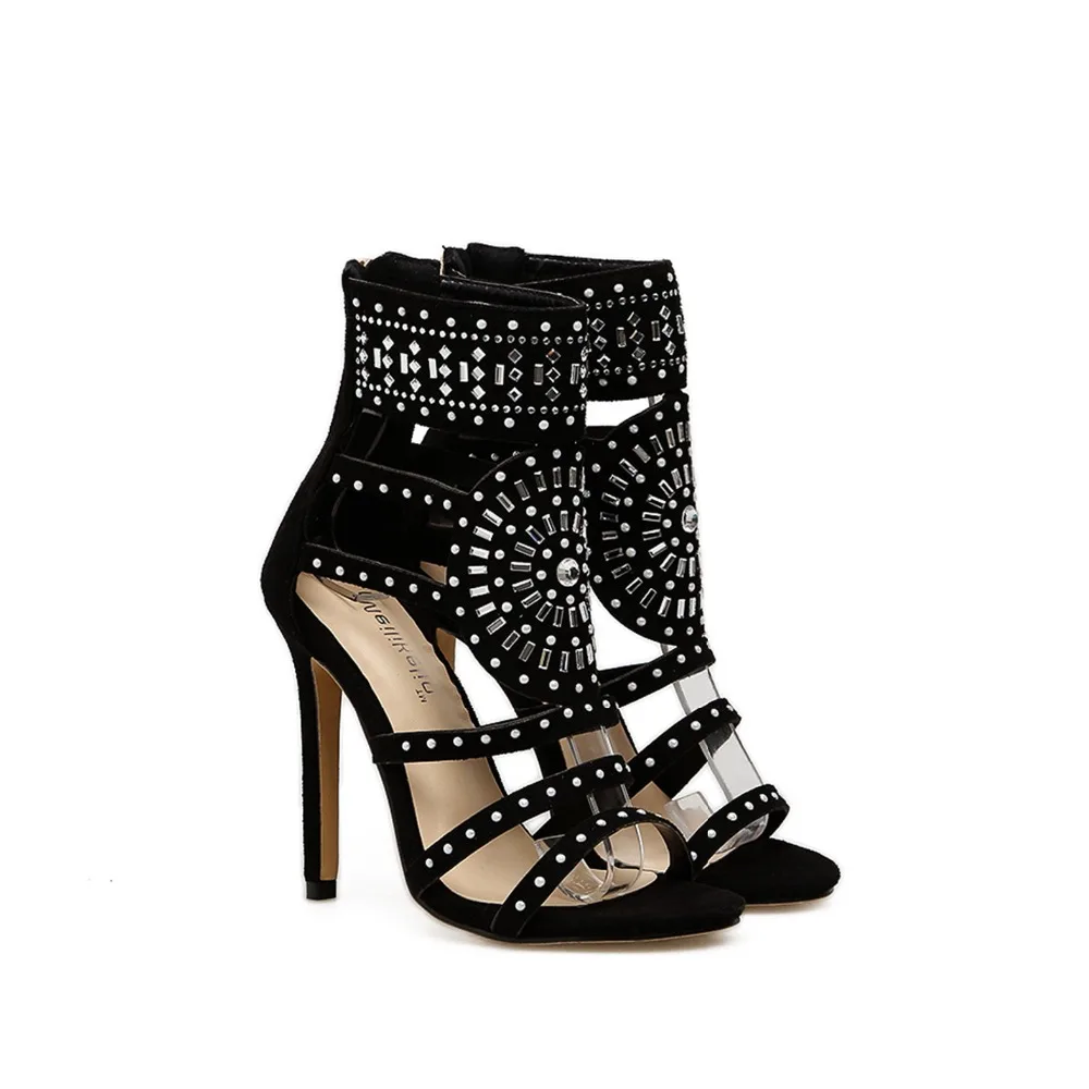 Women sandals Zipper High Heels Wedding Lady Shoes Flock Crystal Women Pumps Thin Heels Chaussure Femme Talon gladiator sandals Women's Shoes