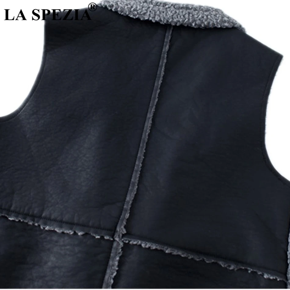 LA SPEZIA Women Long Waistcoat Vest Winter Gray Female Faux Leather Warm Lambswool Fashion Ladies Sleeveless Jackets Black 2019