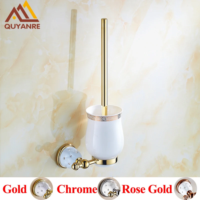 Quyanre Bathroom Hardware Crystal Brass Toilet Brush holders Gold Wall