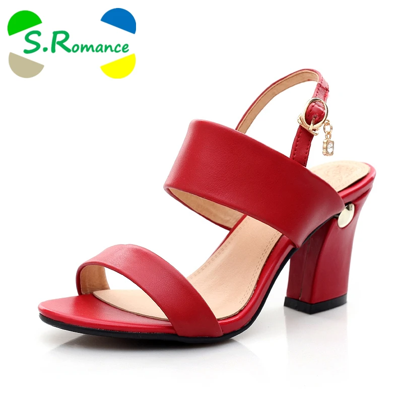 

S.Romance New Women Sandals Genuine Leather Plus Sizes 34-43 Fashion Summer Classics Sandals Women Shoes Sandals Black Red SS056