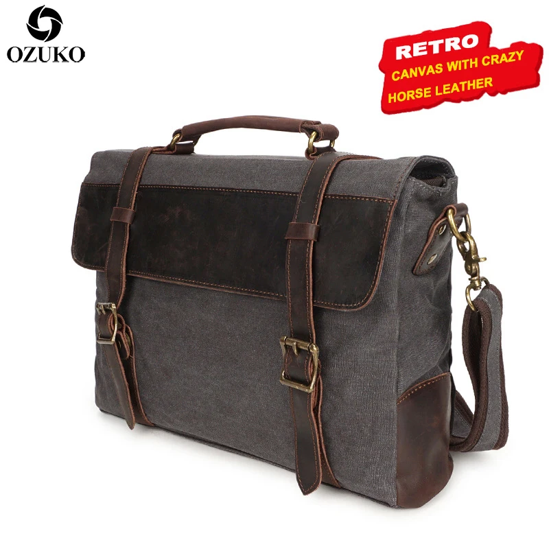 

OZUKO New Design Men's Handbag Vintage Canvas Messenger Bag with Luxury Crazy Horse Cowhide Crossbody bag Famous Brand Briefcase