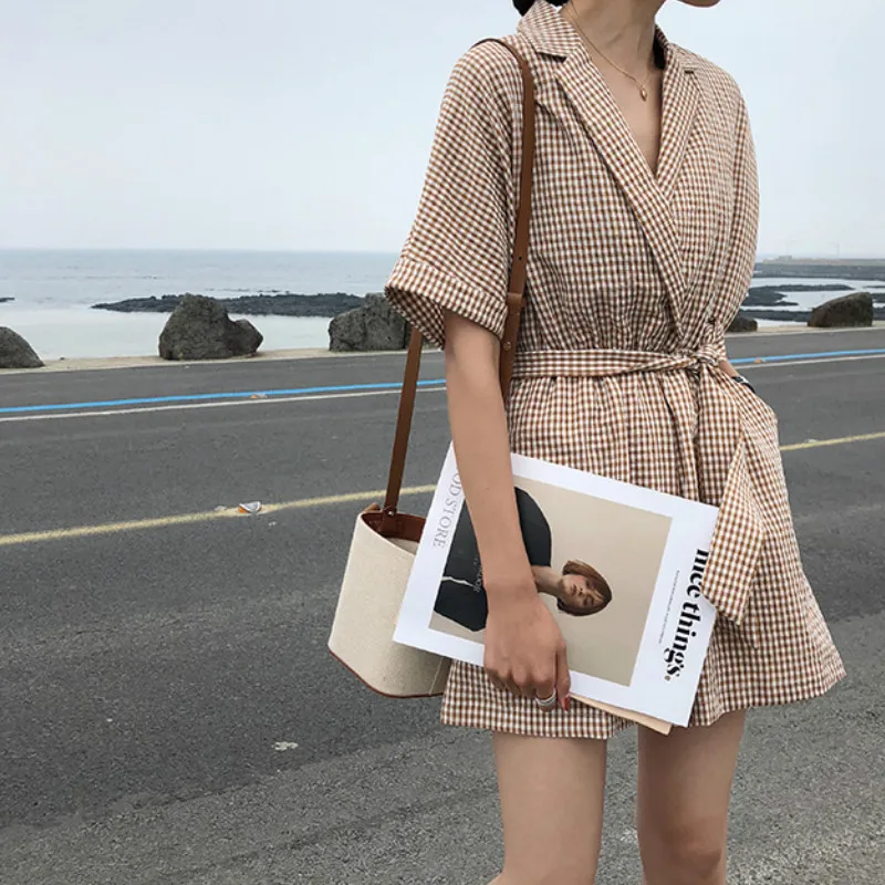 2019 Summer New Retro Style Simple Fashion Shorts Suit Collar Plaid Casual Jumpsuit Plus Size Bandage Jumpsuit