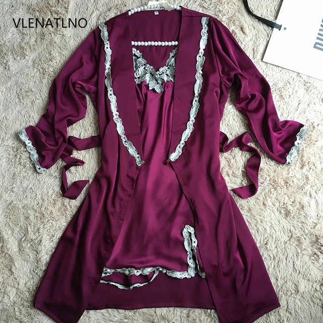 

High Quality Sexy Women Silk Nightgown Robe Set Strap Dress + Robe Sleepwear Two Piece Female Nightwear Drop Shipping