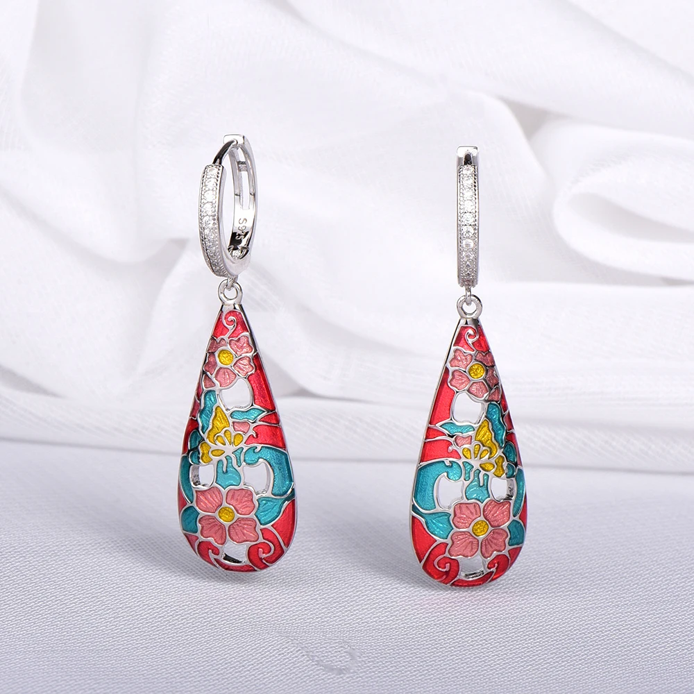 

RainMarch Ethnic Flower Enamel Silver Earrings For Women Engagement 925 Sterling Silver Drop Earring Handmade Party Jewelry