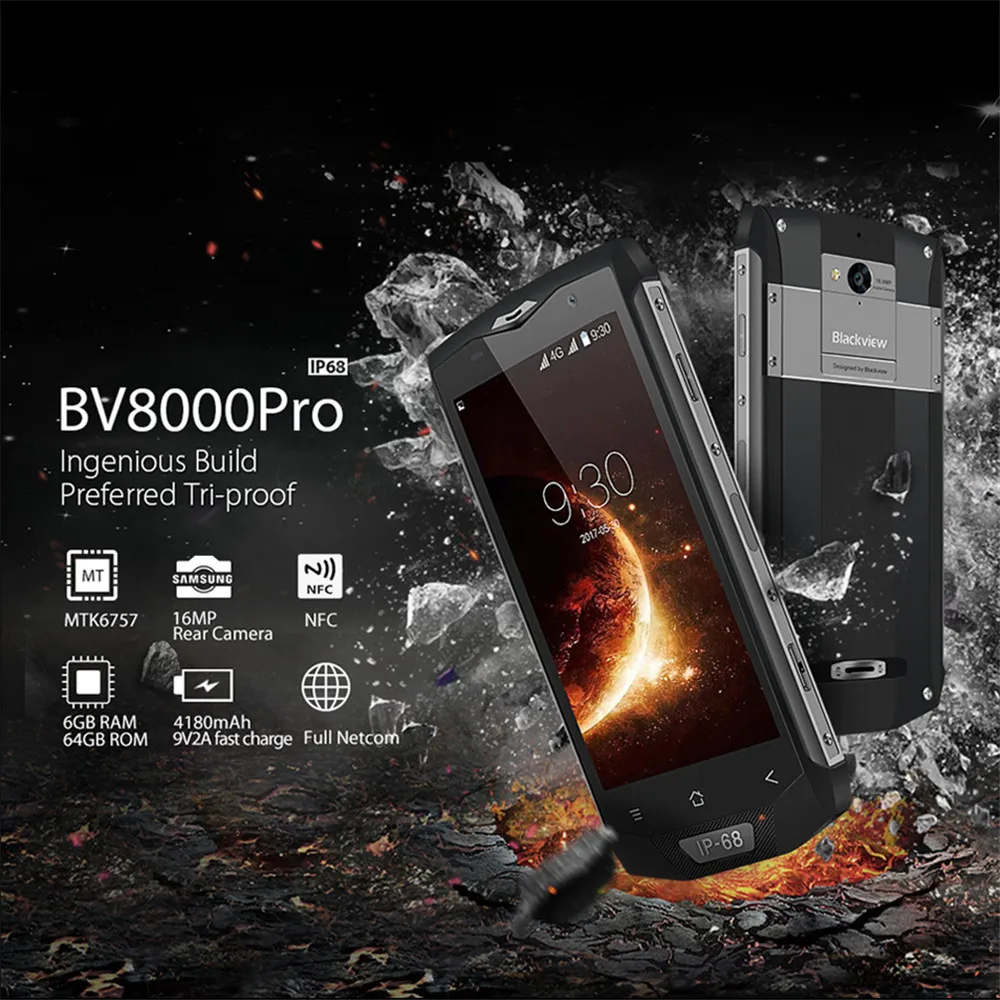 Blackview BV8000 Pro 5,0 "смартфон IP68 Водонепроницаемый MTK6757 Восьмиядерный 6 ГБ ОЗУ 64 Гб ПЗУ 16 МП 4G Android 7,0 телефон