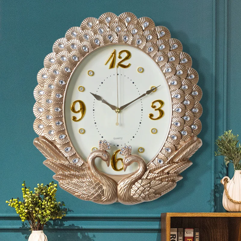 

Creative New Home Decor European Timepiece Swan Diamond Painting Peacock Lace Wall Clock Bedroom Silent Vintage Wall Clock R1281