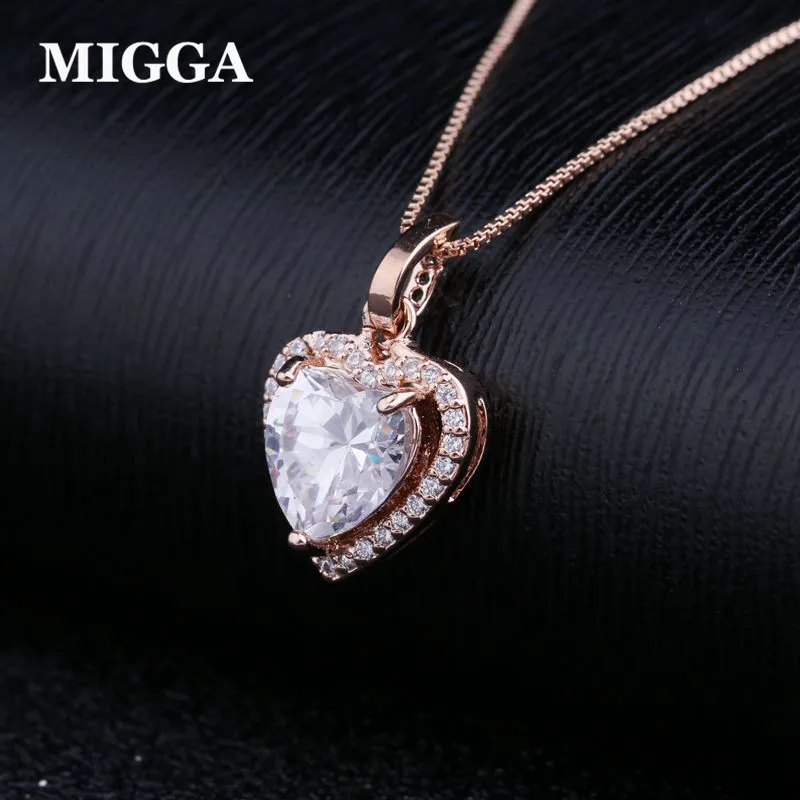 

MIGGA Brand Luxury Cubic Zirconia Heart Pendant Necklace Rose Gold Color CZ Crystal Necklace Women Gift