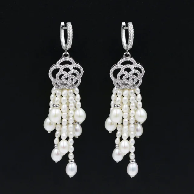 Genuine Wedding Multi Freshwater Pearl Chandelier Earrings Copper Genuine Wedding Multi Freshwater Pearl Chandelier Earrings Copper Cubic Zirconia Flower Drop Earring Accessories Jewelry