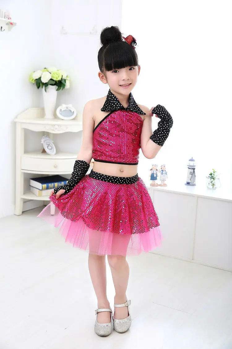 Girl Jazz Dance Children Sequin Modern Dance Hip Hop Costumes Girl Stage Jazz Costumes Suit for Girls Top and Skirt