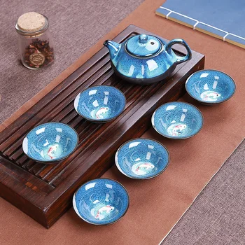 

Exquisite Starry sky tea set Include 6 cups 1 tea pot,Jingdezhen 3D Carp temmoku glaze Porcelain Kung Fu Tea Cup