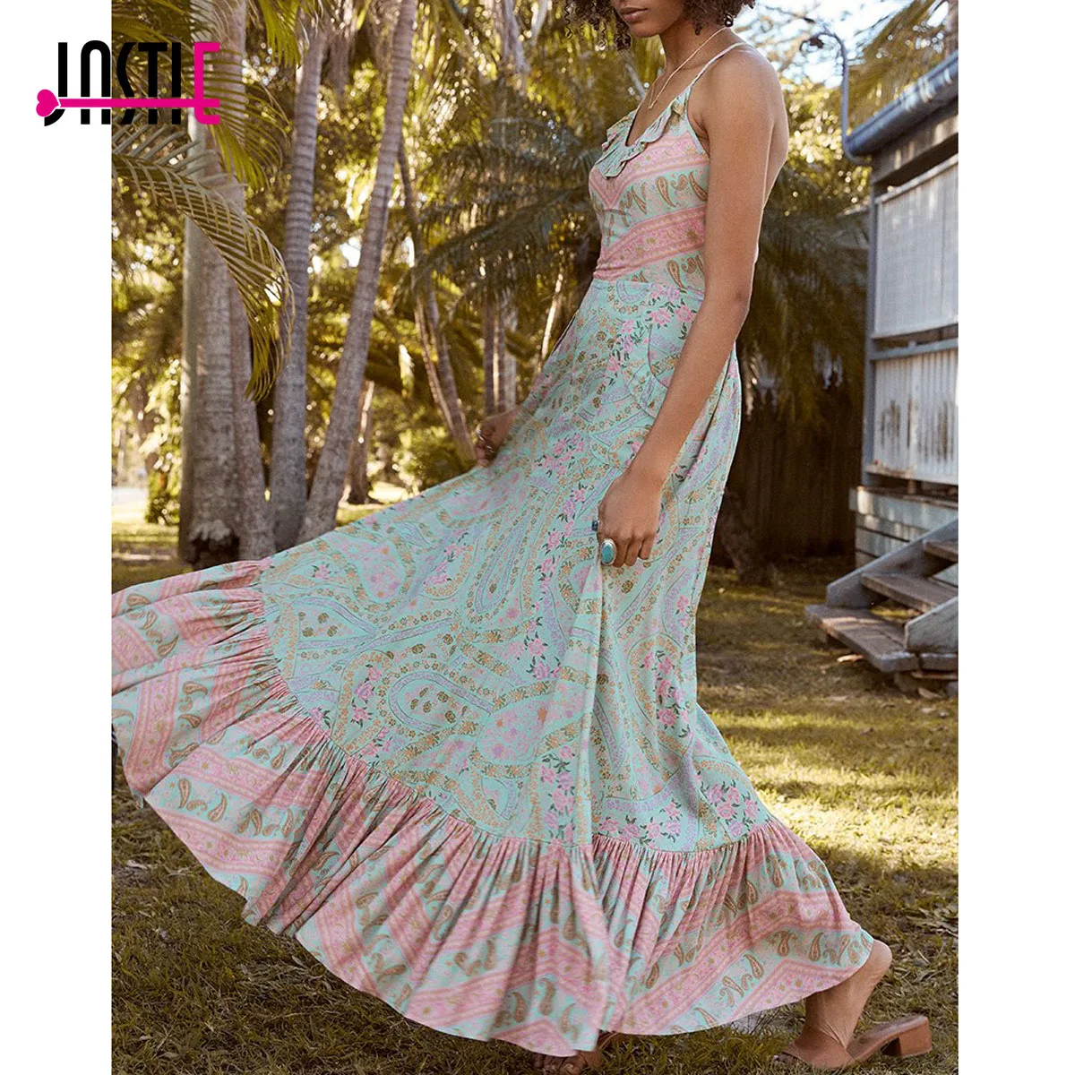 Jastie City Lights Gown Midi Dress Elastic Waist Open Back Sexy Dresses