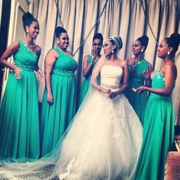 

2020 Dubai Caftan Turquoise Green Long Bridesmaid Dresses One Shoulder Peals Beaded Vestido Madrinha Formal Wedding Party Gowns