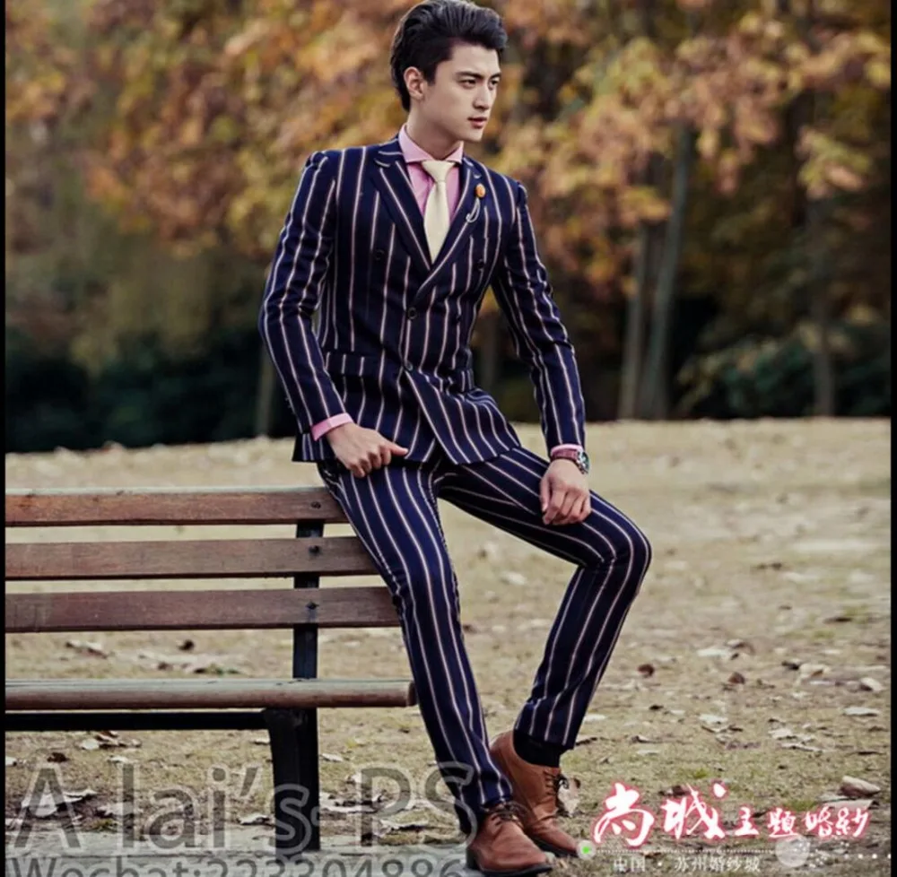 

HOT 2019 New men's double-breasted stripe suits Slim singer stage performances groomsmen dress Groom wedding dress
