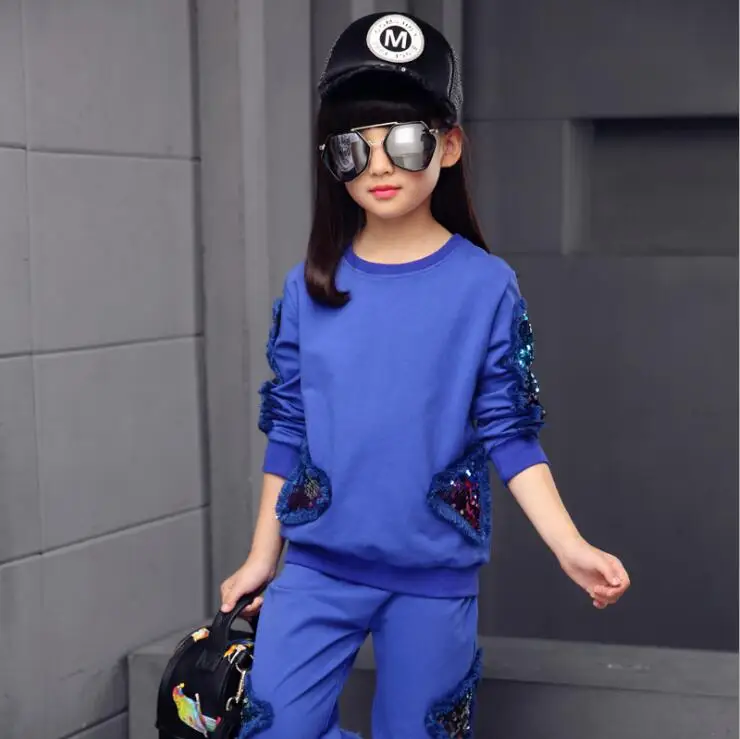 Осенний спортивный костюм комплекты одежды для девочек модные детские спортивные костюмы с длинными рукавами хлопковый свитер с блестками+ брюки - Цвет: Синий