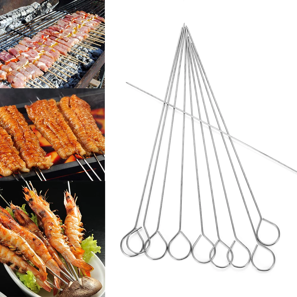 10PCS Meat Goose Durable Round Roast Skewers Stick Stainless Steel BBQ Needle Barbeque for Home&Garden Kitchen Camping Picnic