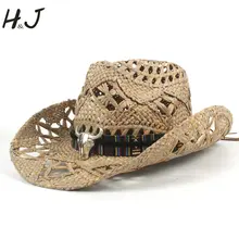 Натуральный соломы Womem Для мужчин полые ковбойские шляпа с полями закатать Лето сомбреро Hombre спасатель Шапки Размеры 56-58 см
