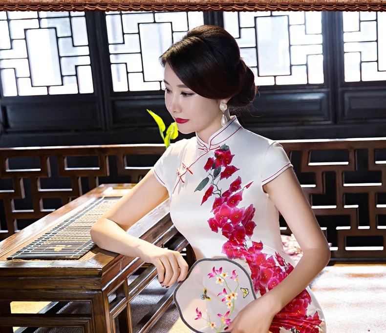 Qipao длинное шелковое китайское стильное платье с красной вышивкой cheongsam размера плюс длинное традиционное китайское платье для женщин