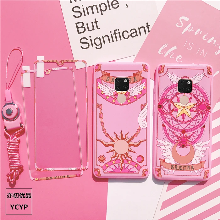 

For huawei mate20 /mate20pro Pink Sakura TPU case, front tempered glass for huawei nova2s/ nova 3e /P20 P20pro Magic Array strap