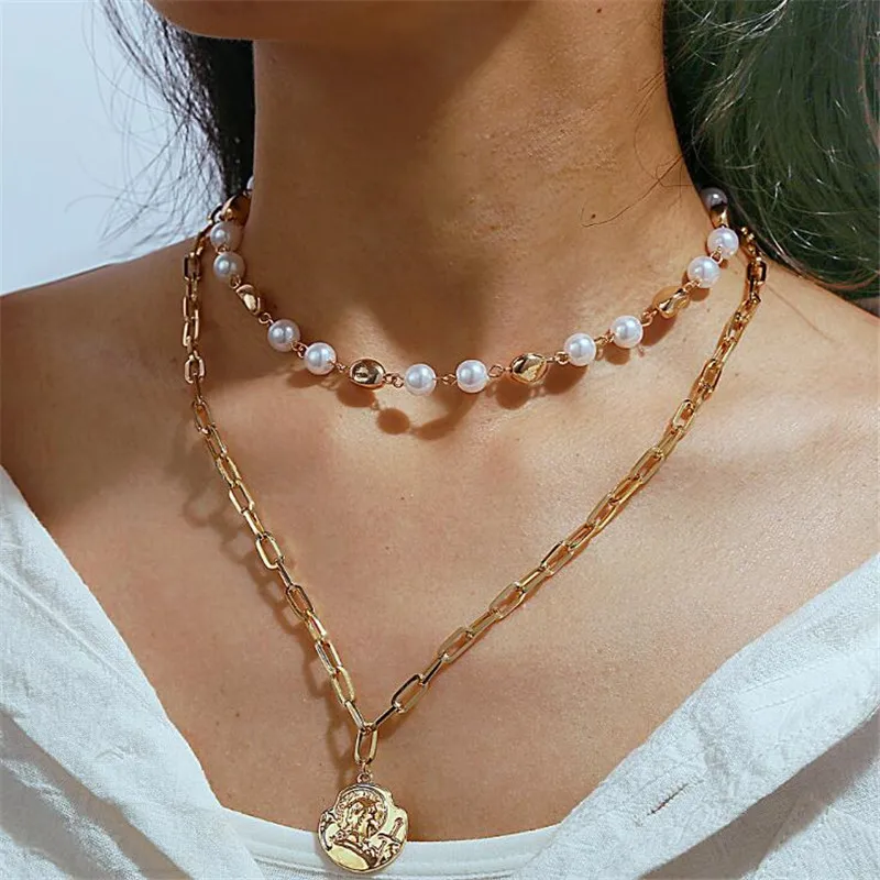 DIEZI Luxury New Design Imitation Pearl Choker Necklace Female Coin Pendant Necklaces for Women Gold Color Fashion Jewelry