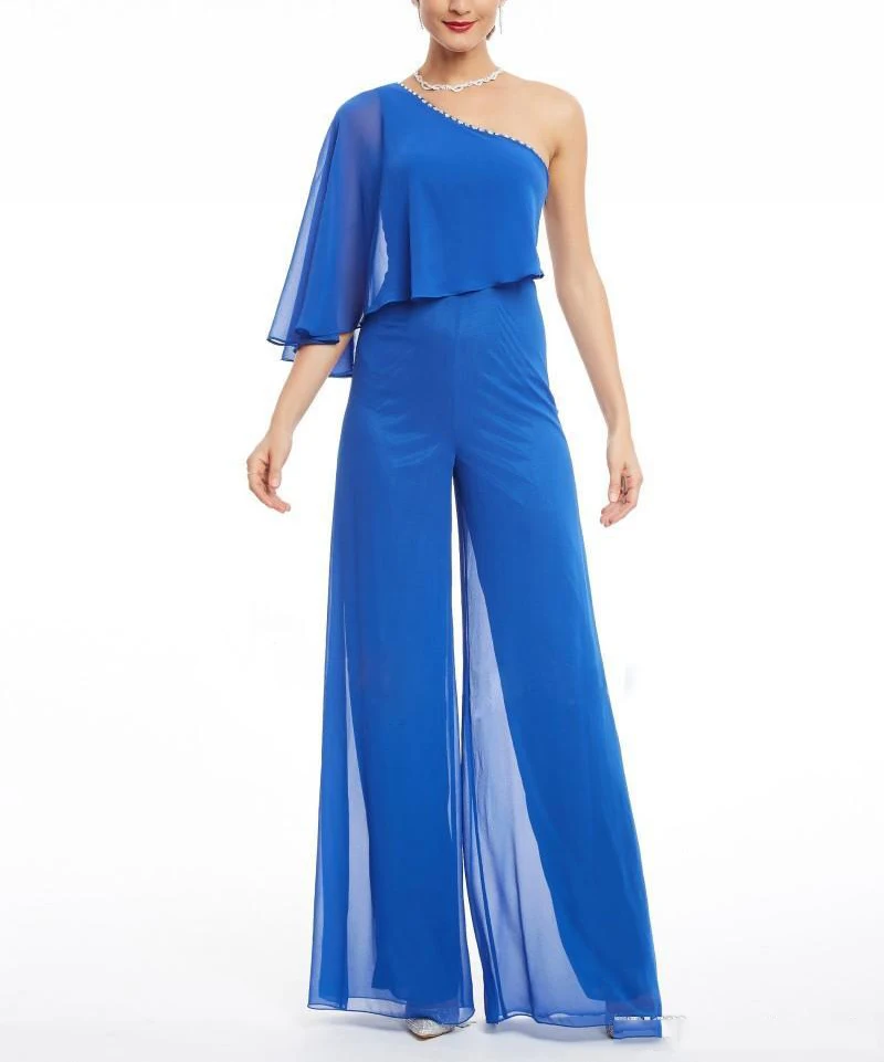 

2019 New Blue One Shoulder Elegant Chiffon With Beading Mother Of The Bride Dress Suit Plus Size Vestidos Madre Novia