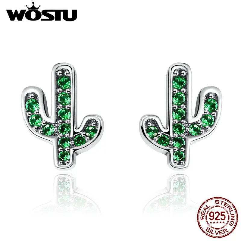 WOSTU 925 пробы серебряные освежающие зеленые кактусы Кристальные трендовые серьги-гвоздики для женщин S925 ювелирные изделия подарок Brincos CQE097