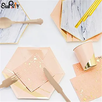 

8 Sets Marble Blush pink with Foil Gold Tableware Children Birthday Party Decoration Paper Dish Dinner Paper Plates Cups Napkins