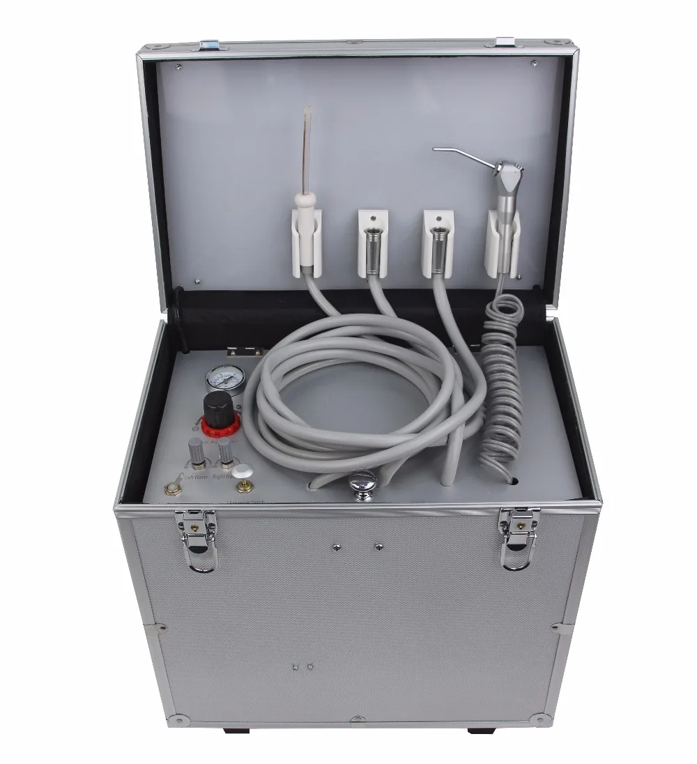 

Portable Dental Unit with High & low speed HP Pipe,3 Way Syringe, Oilless Air Compressor, Water bottle, Foot Control