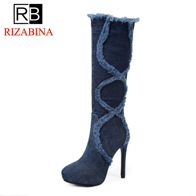

RizaBina Size 33-43 Women Long Boots Denim Winter Fur Shoes Woman High Heel Warm Boots Female Platform High Quality Shoes