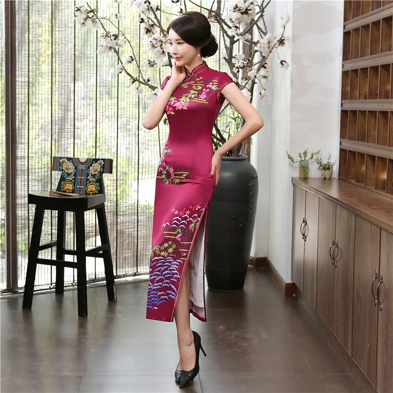 Шанхай история долго Cheongsam из искусственного шелка китайский высокое Разделение Qipao платье двойной Слои Винтаж платье Чонсам тонкий